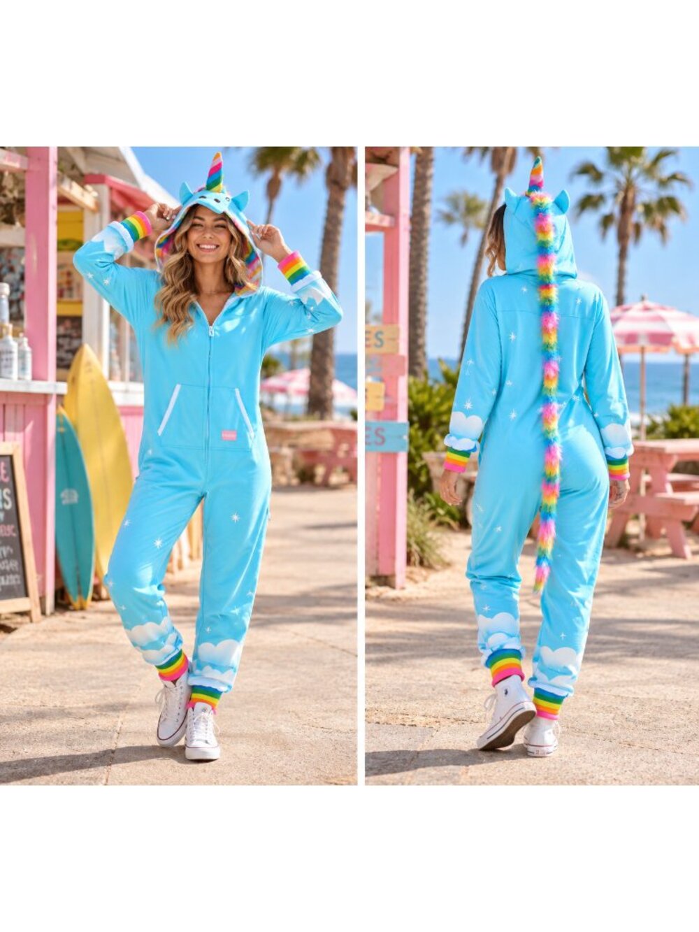 Tipsy Elves Womens Unicorn Costume Blue Pajama Jumpsuit Funny Halloween NEW S